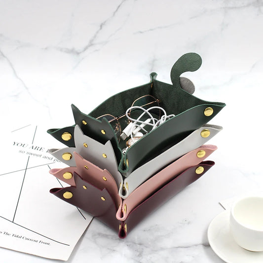 Wholesale Dice Leather Tray Cat Shape Cat Shape Leather Storage Tray Storage Organizer for Home Hotel Office